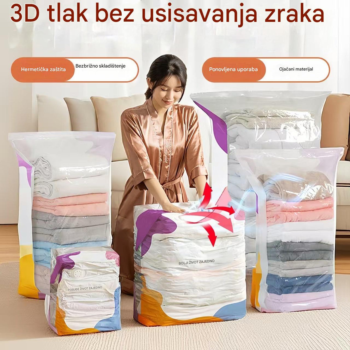 🧳【Set od 5 dijelova】💨 Vakuumske vrećice za pohranu velikog kapaciteta koje se mogu stisnuti: Nije potrebna pumpa, nepropusne su, idealne za uštedu prostora u koferu i domu ✈️