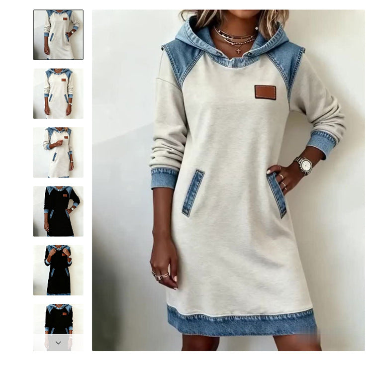 🔥【Kupite enega, enega dobite brezplačno】🌷🌞Nova zimska modna patchwork obleka s kapuco iz džinsa