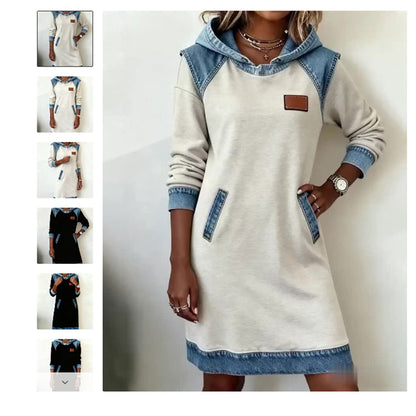 🔥【Kupite enega, enega dobite brezplačno】🌷🌞Nova zimska modna patchwork obleka s kapuco iz džinsa