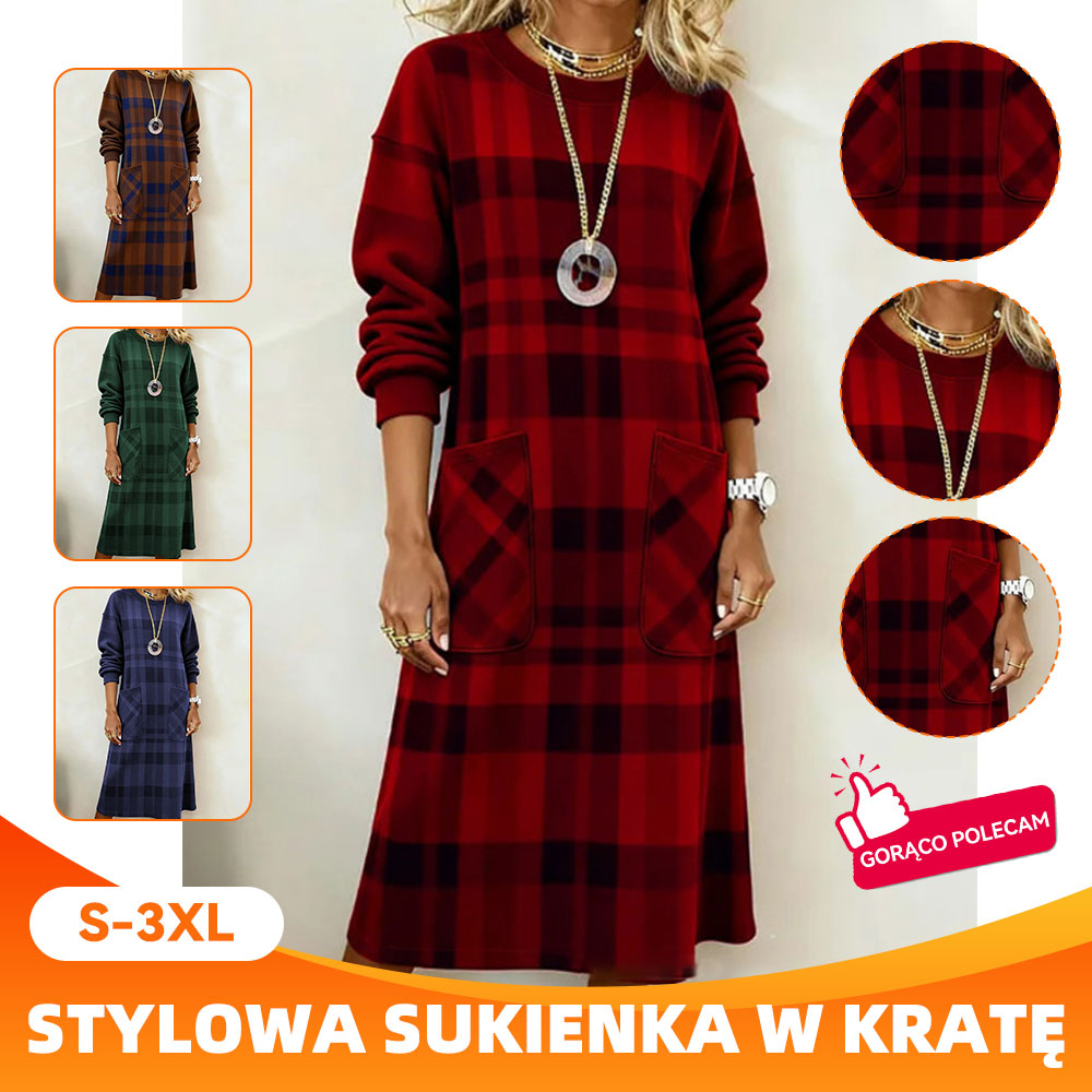 【S-3XL】Sukienka damska w kratę z długim rękawem na jesień i zimę