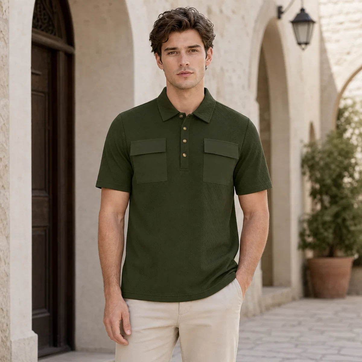 👔✨【M-3XL】Męska koszulka polo w stylu business-casual, o luźnym kroju i w rozmiarze plus-size, z dwiema kieszeniami zapinanymi na guziki