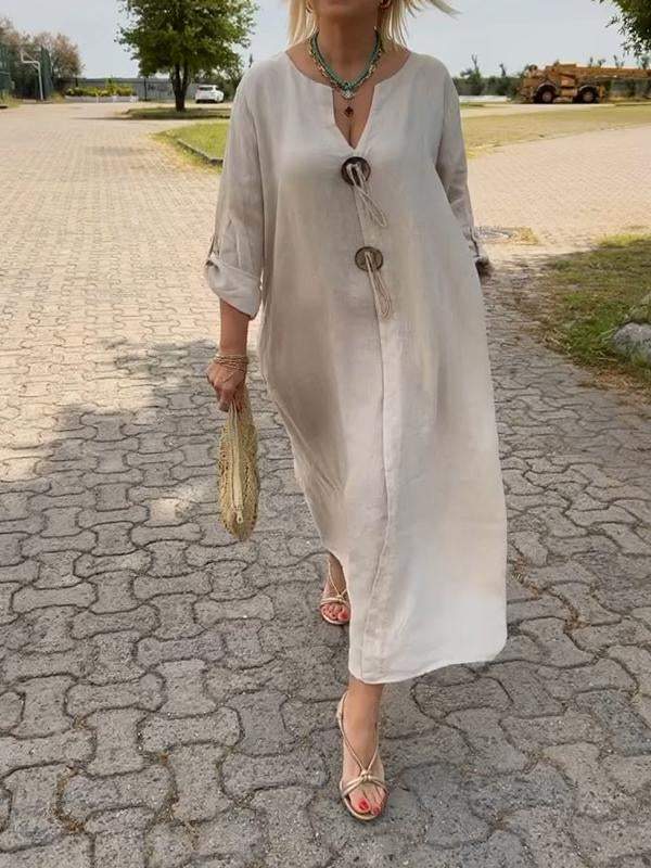 💖👗【S-5XL】2025 Lato Nowa bawełniana i lniana sukienka casualowa z dekoltem w serek