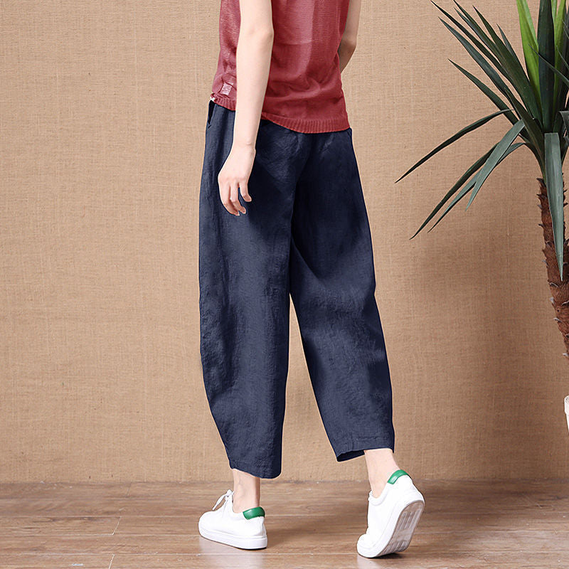 💥🔥【S-5XL】✨💕 Елегантен дамски ежедневен панталон от памук и лен с широки крачоли и еластична талия