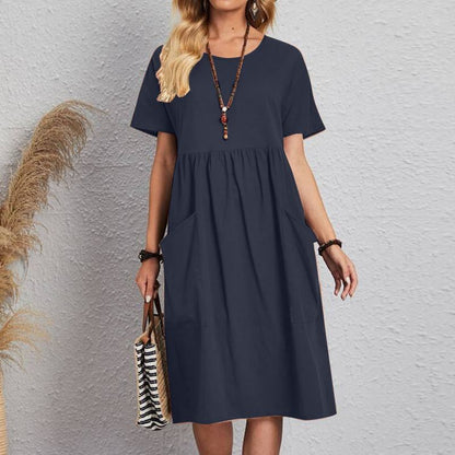 👗🎈Nowości [S~5XL] 2025 Letnia oddychająca sukienka z bawełny i lnu z krótkim rękawem i okrągłym dekoltem