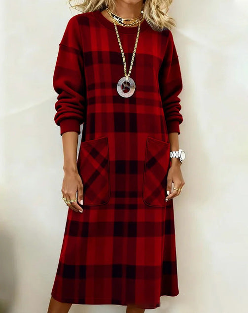 【S-3XL】Sukienka damska w kratę z długim rękawem na jesień i zimę