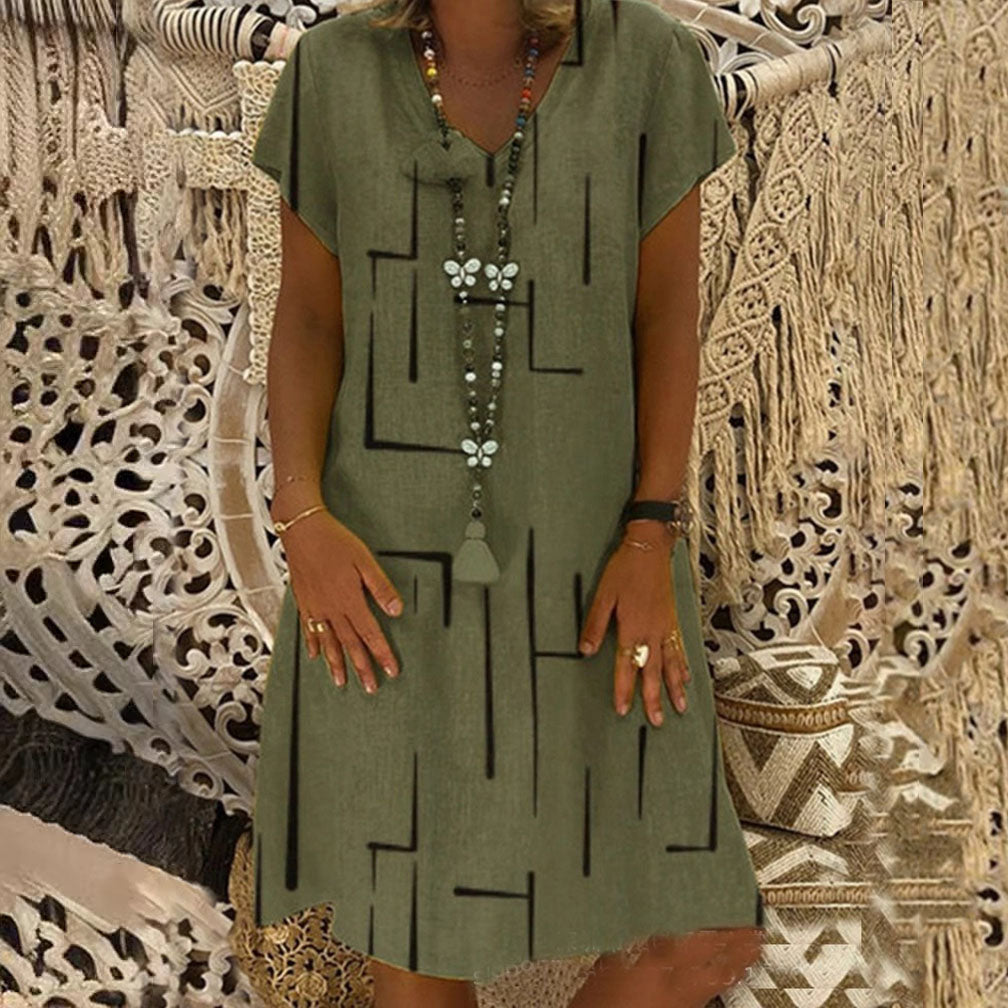 🥻🌲【S-5XL】Nowa sukienka z nadrukiem z dekoltem w serek, wykonana z bawełny i lnu: przyjazna dla skóry i miękka