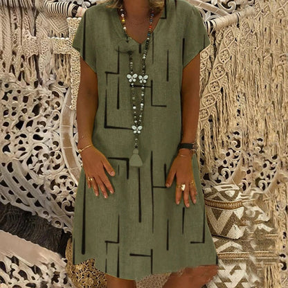 🥻🌲【S-5XL】Nowa sukienka z nadrukiem z dekoltem w serek, wykonana z bawełny i lnu: przyjazna dla skóry i miękka