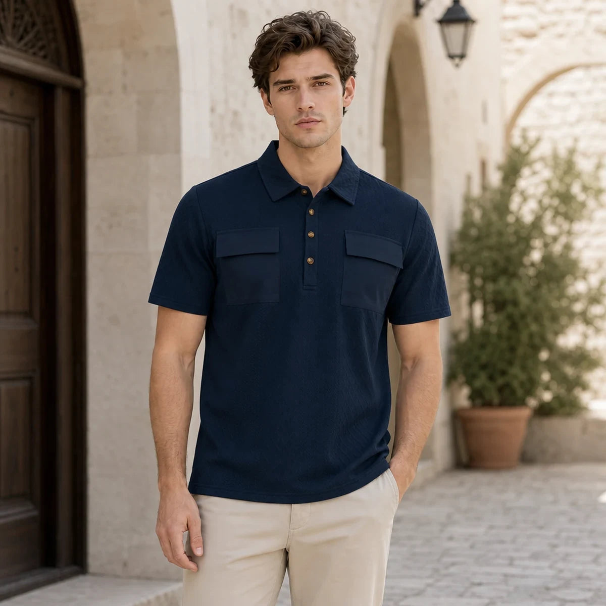 👔✨【M-3XL】Męska koszulka polo w stylu business-casual, o luźnym kroju i w rozmiarze plus-size, z dwiema kieszeniami zapinanymi na guziki