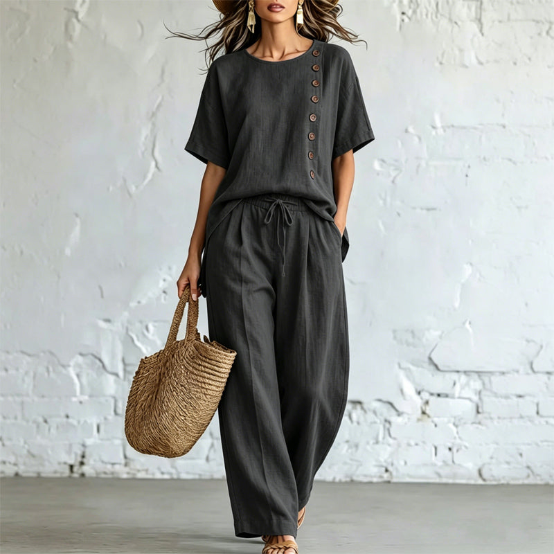 🎨 Oferta ograniczona czasowo👖👚 【Komplet: koszulka + szerokie spodnie】 Modny, codzienny zestaw wykonany z bawełny i lnu, wygodny i oddychający.