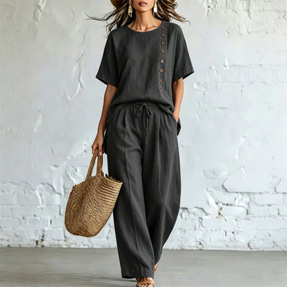 🎨 Oferta ograniczona czasowo👖👚 【Komplet: koszulka + szerokie spodnie】 Modny, codzienny zestaw wykonany z bawełny i lnu, wygodny i oddychający.