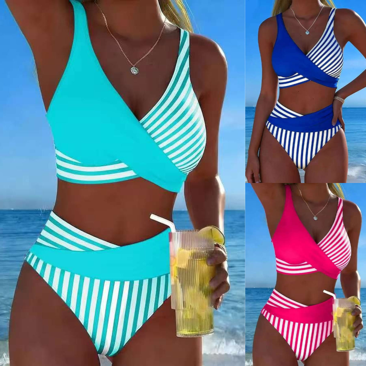 👙☀️[40-100 kg] Letni dwuczęściowy komplet bikini w paski z tęczowymi blokami kolorów – ✅Płatność przy odbiorze