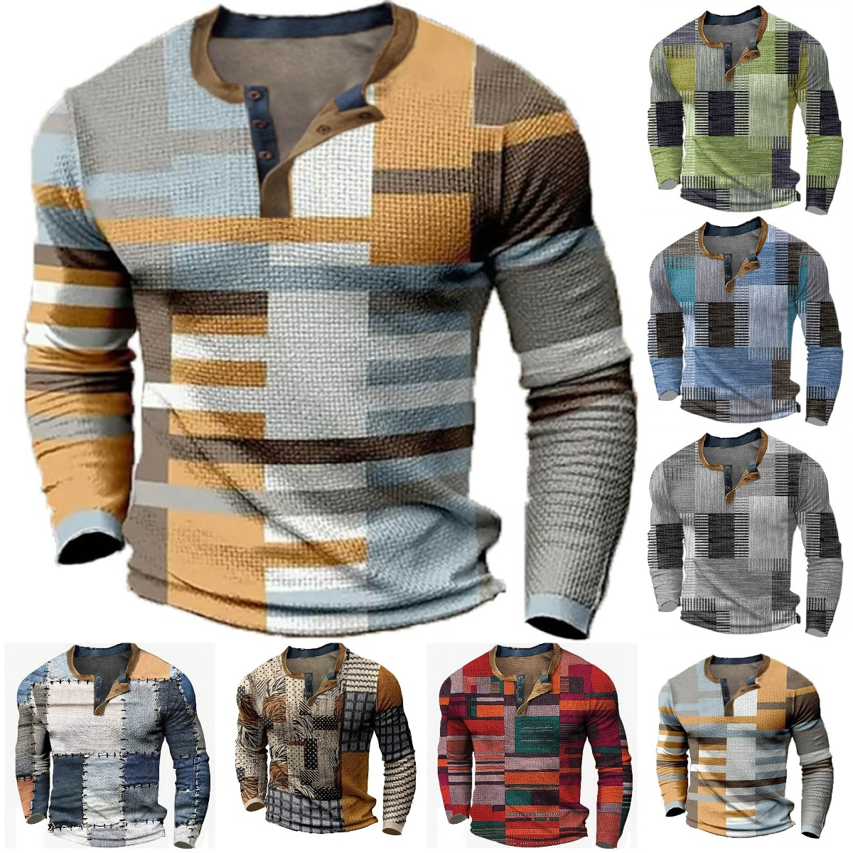 👔【S-4XL】Nova muška Henley košulja dugih rukava – moderna majica s 3D digitalnim printom