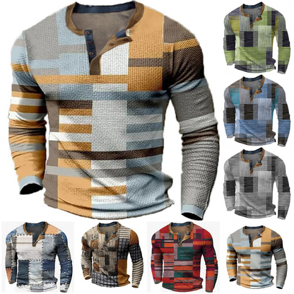 👔【S-4XL】Nova muška Henley košulja dugih rukava – moderna majica s 3D digitalnim printom