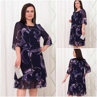 💕【S-5XL】👗Elegancka sukienka z nadrukiem siateczki i rękawami z falbaną 3637061