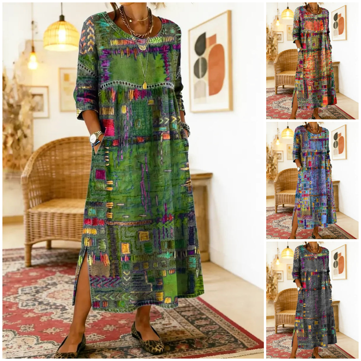 ✨ Ostatni dzień z 50% rabatem!【S-5XL】Letnia sukienka w stylu retro z okrągłym dekoltem i nadrukiem – lekka, zwiewna, wyszczuplająca i łatwa w stylizacji.