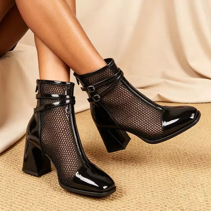 👢✨Eleganckie krótkie botki w stylu francuskim z delikatną siateczką i lakierowanym wykończeniem