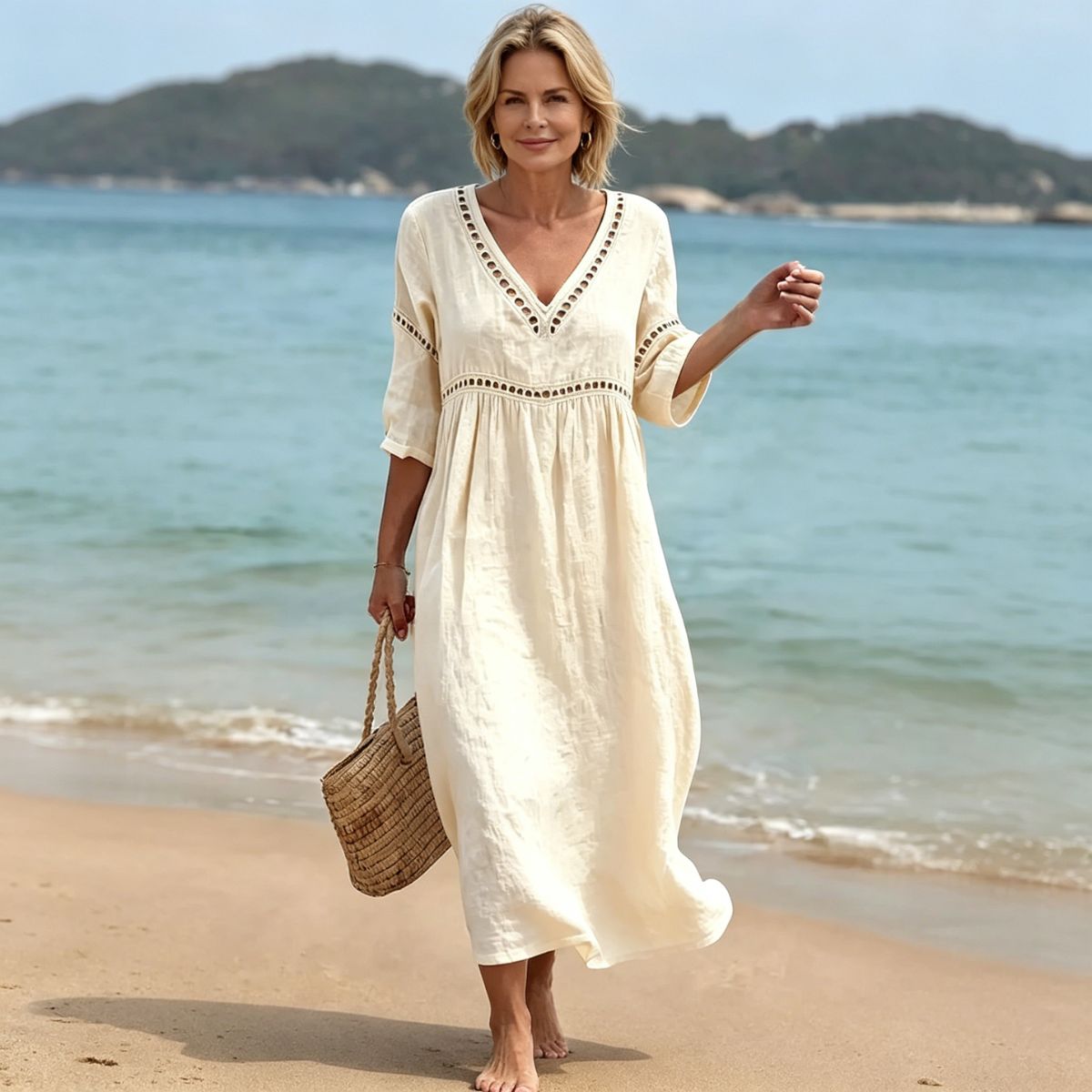 👗【S-3XL】Letnia modna sukienka z bawełny i lnu z dekoltem w serek, przewiewna, wygodna i niekrępująca ruchów