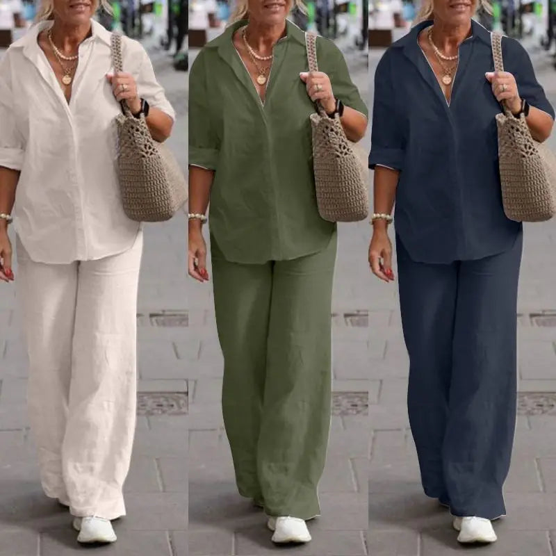 🔥🎉【Top + Pantalones】【S-5XL】Nuevo conjunto de moda, camisa de color liso para mujer + pantalones casuales