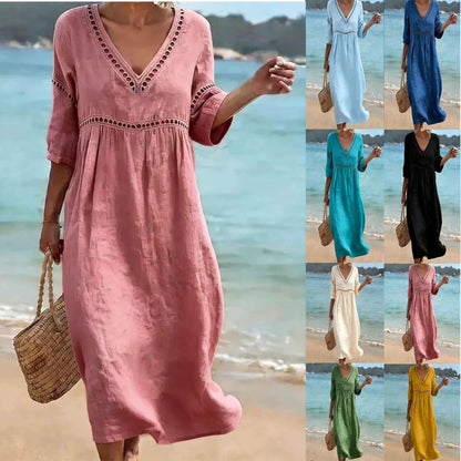 👗【S-3XL】Ljetna moderna pamučno-lanena haljina s V-izrezom, prozračna, udobna i stagnira