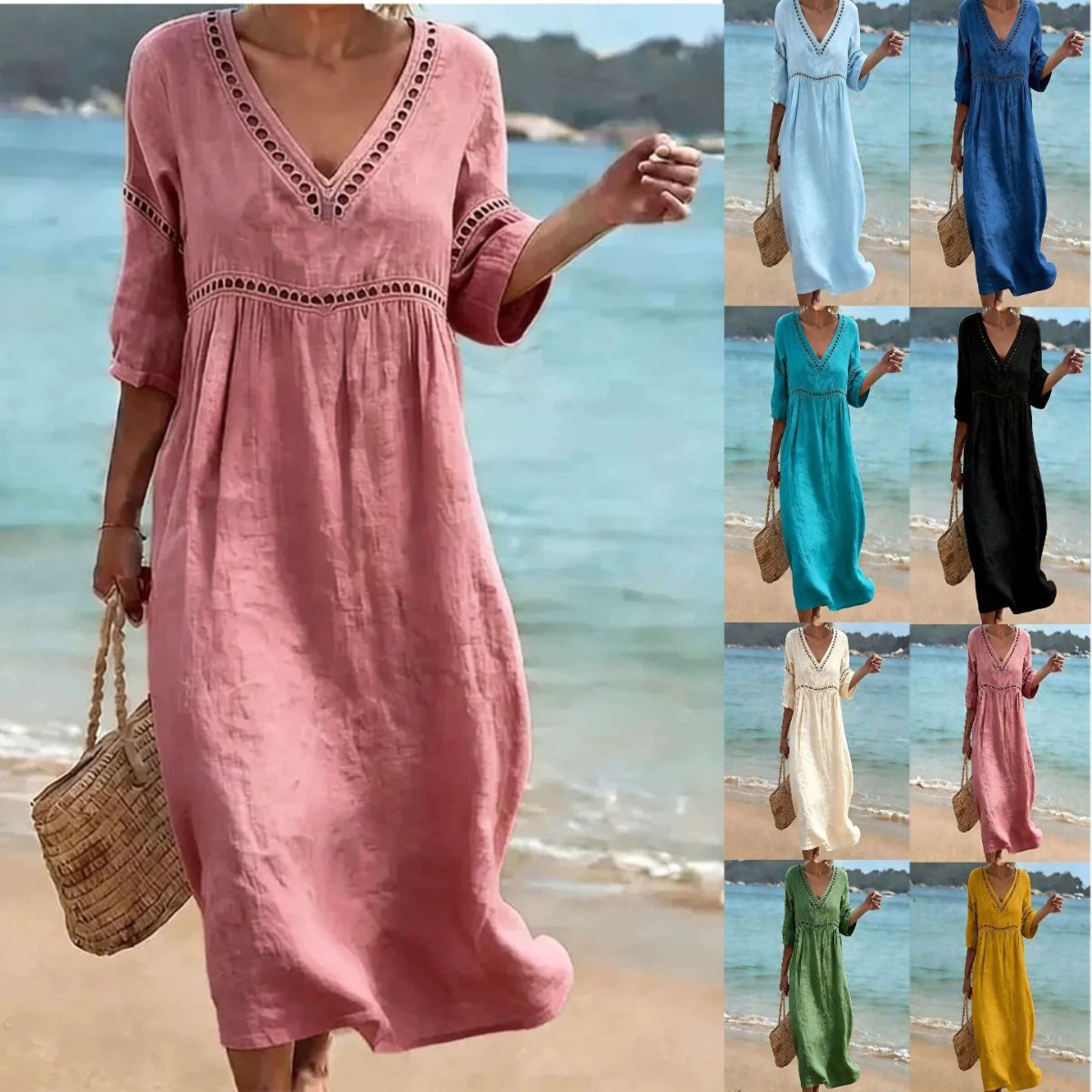 👗【S-3XL】Letnia modna sukienka z bawełny i lnu z dekoltem w serek, przewiewna, wygodna i niekrępująca ruchów
