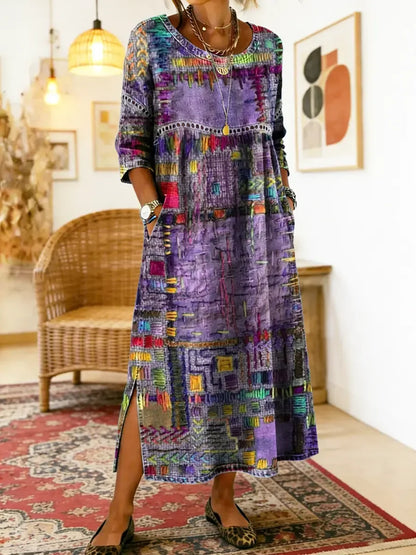 ✨ Ostatni dzień z 50% rabatem!【S-5XL】Letnia sukienka w stylu retro z okrągłym dekoltem i nadrukiem – lekka, zwiewna, wyszczuplająca i łatwa w stylizacji.