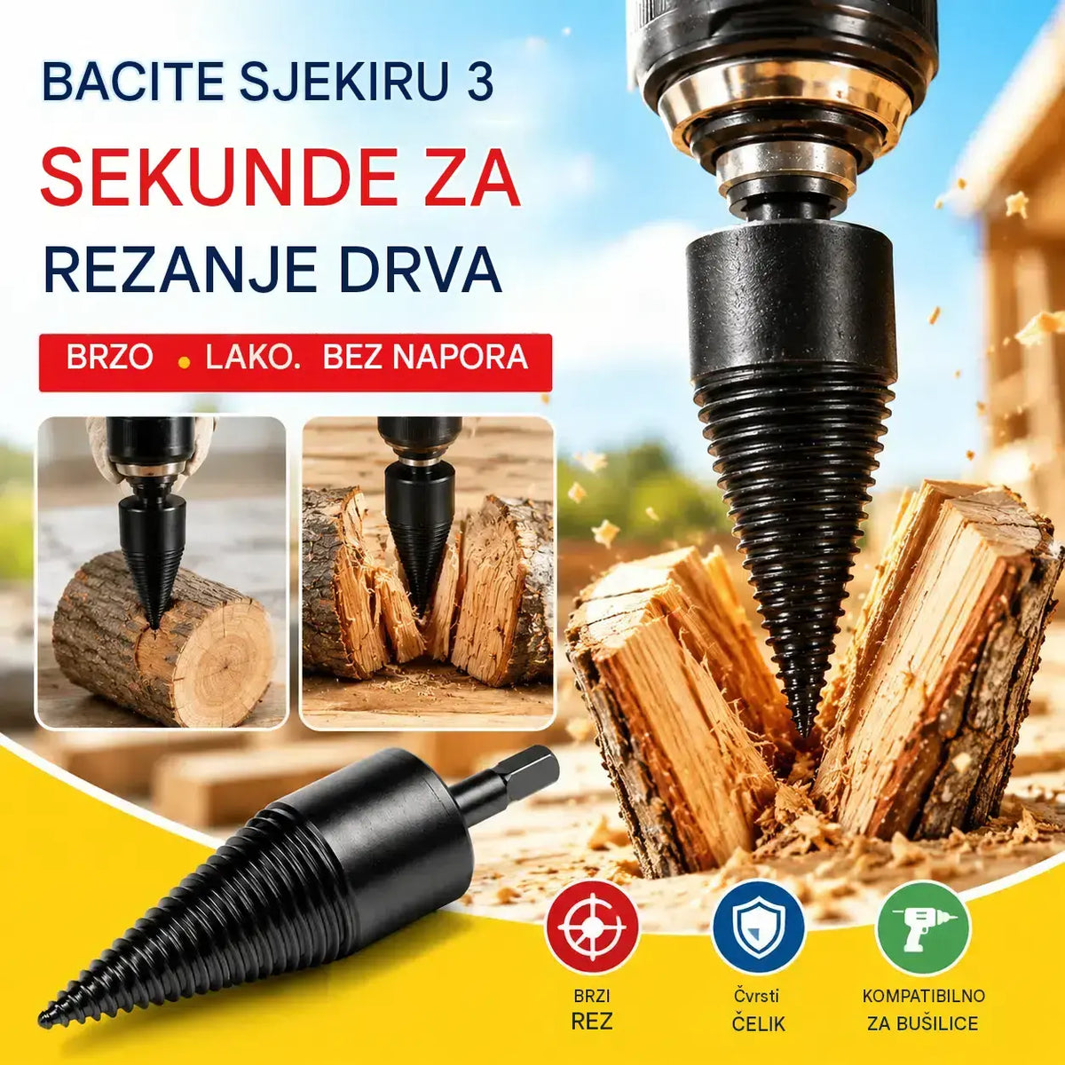 【Kupi 1, dobiješ 1 gratis】【Svrdlo za cijepanje drva promjera 50 mm + 3 adaptera različitih dimenzija】 Električno svrdlo za cijepanje drva od ojačanog čelika, čvrsto i izdržljivo, štedi snagu i povećava učinkovitost