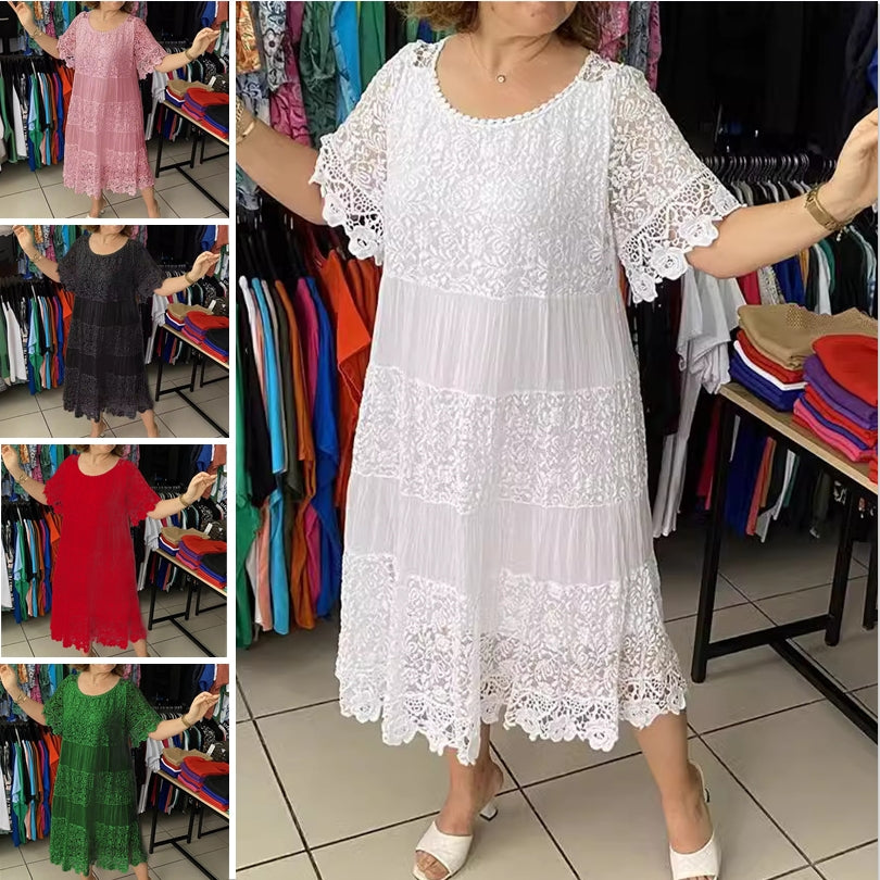 ❤️[S-5XL] Nowa koronkowa sukienka z okrągłym dekoltem i krótkim rękawem 3642409