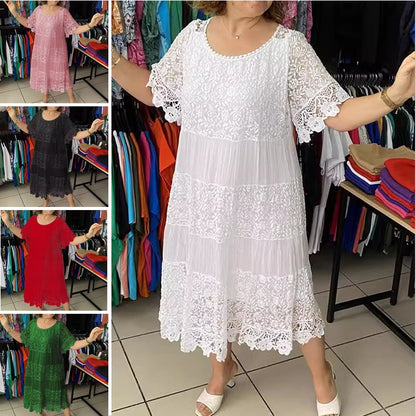 ❤️[S-5XL] Nowa koronkowa sukienka z okrągłym dekoltem i krótkim rękawem 3642409