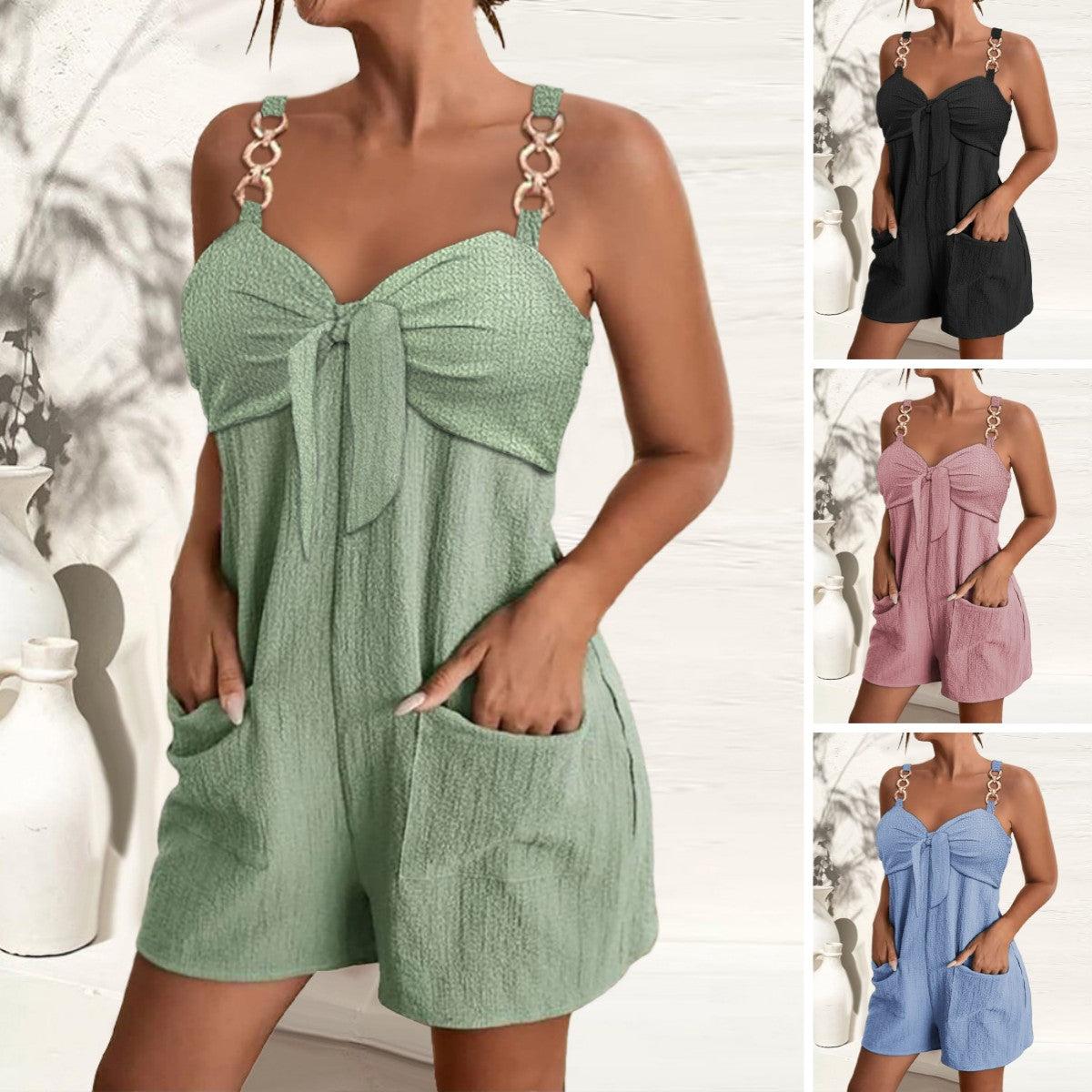🎀👖【Letnia nowość – 50% zniżki 🔥】【S–2XL】Damski letni kombinezon na ramiączkach z ozdobnymi pierścieniami
