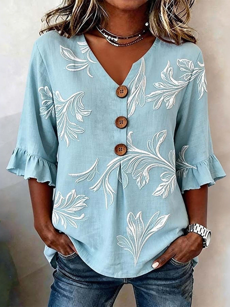 👚🌹[S-5XL] Nova ženska košulja s V-izrezom i volanima — mješavina pamuka i lana s gumbima: jednostavna i elegantna.