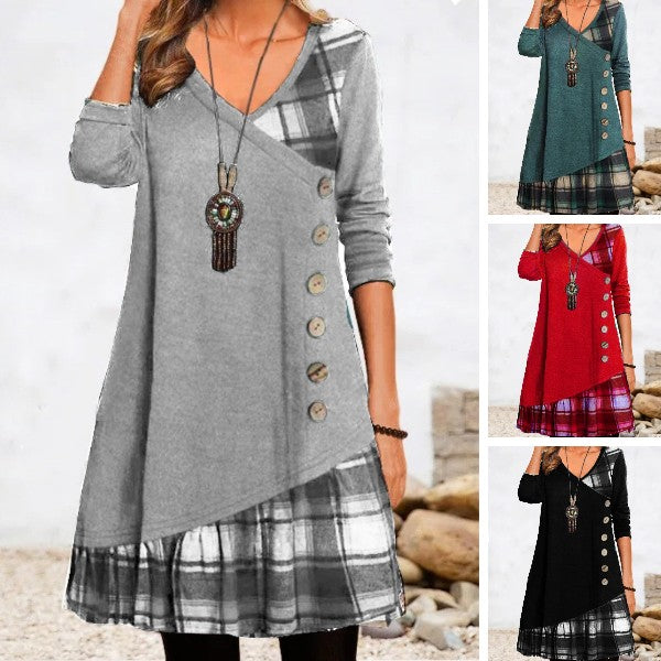 💟【Nowość na jesień i zimę】👗【S-3XL】Nowa elegancka sukienka w kratkę z dekoltem w szpic i długimi rękawami na 2024 rok3818288