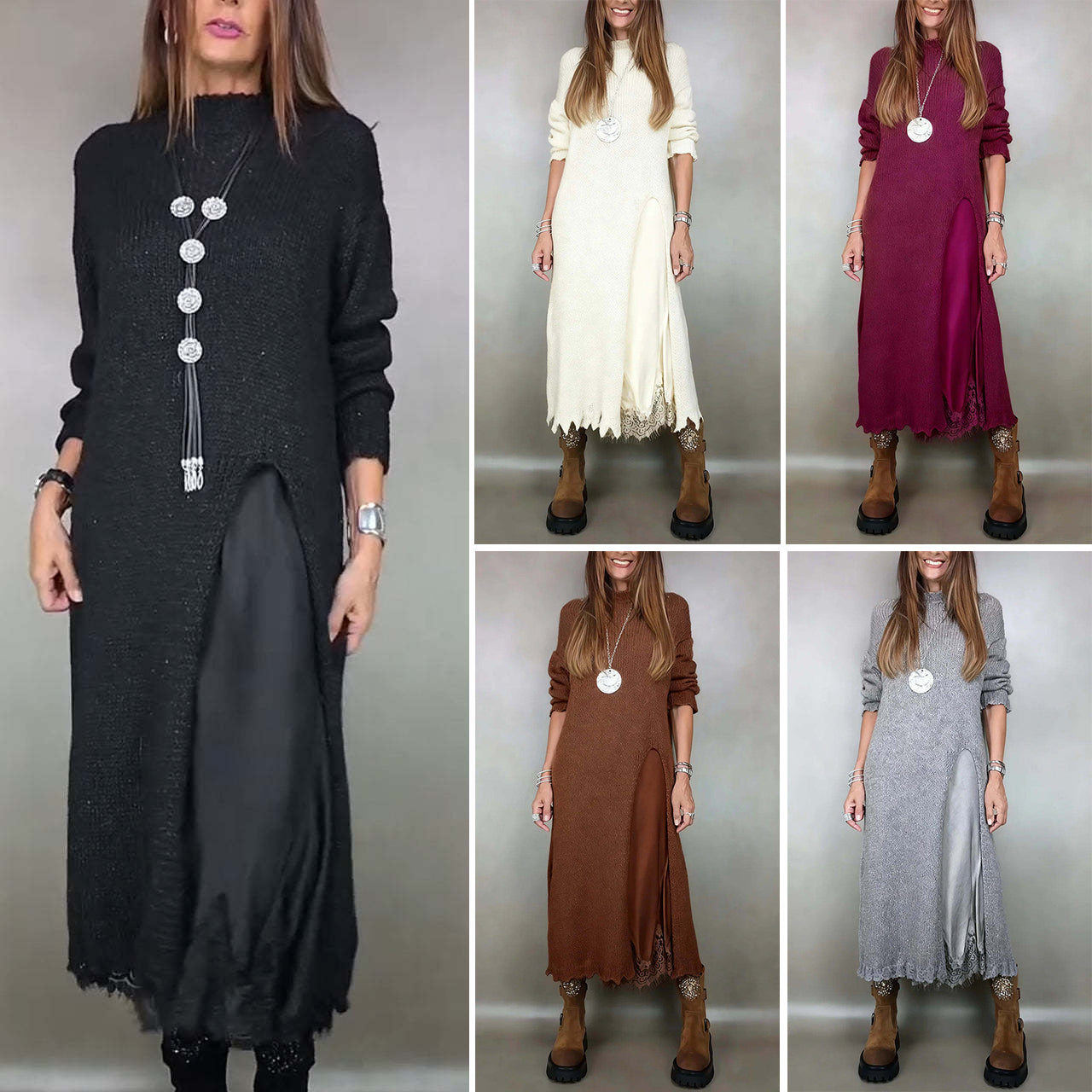 【XS-3XL】👗Nov čipkast komplet, z razporki, pulover dizajn, dvodelni komplet obleke in puloverja s trakovi in razporkom