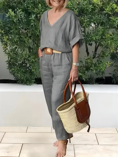 Elegantni ženski set od lana i pamuka: široka bluza s V-izrezom i duge hlače, mekan, prozračan i hladan materijal