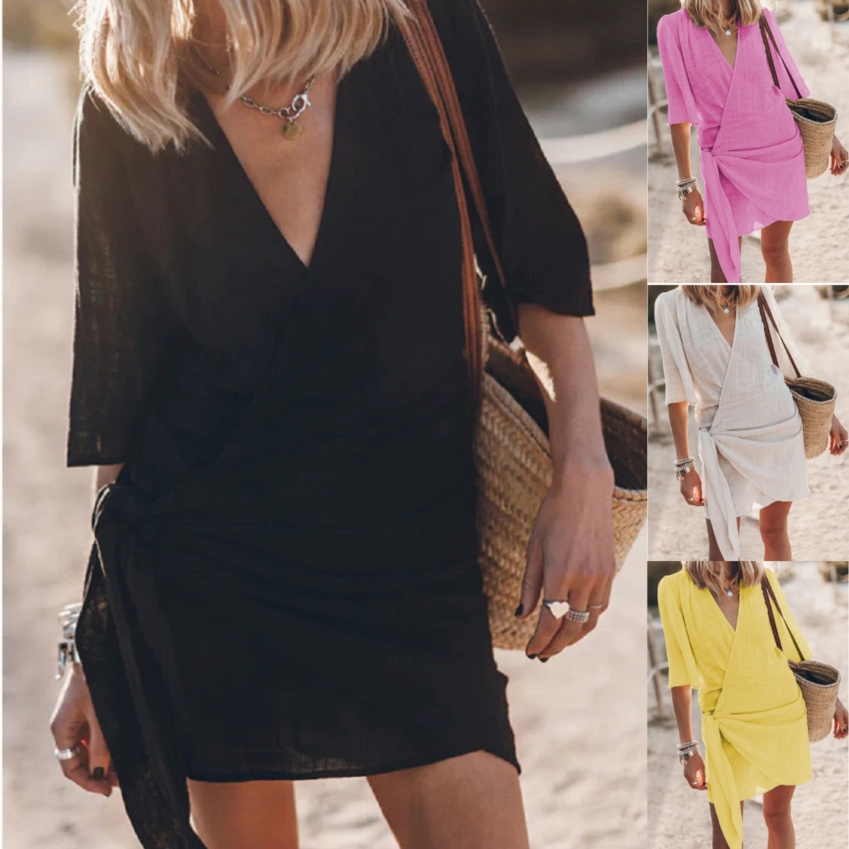 🎀👘【50% zniżki 🔥】【S–3XL】💖Letnia nowość – luźna sukienka z bawełny i lnu w dużych rozmiarach, z kopertowym dekoltem V, o średniej długości i szerokim kroju
