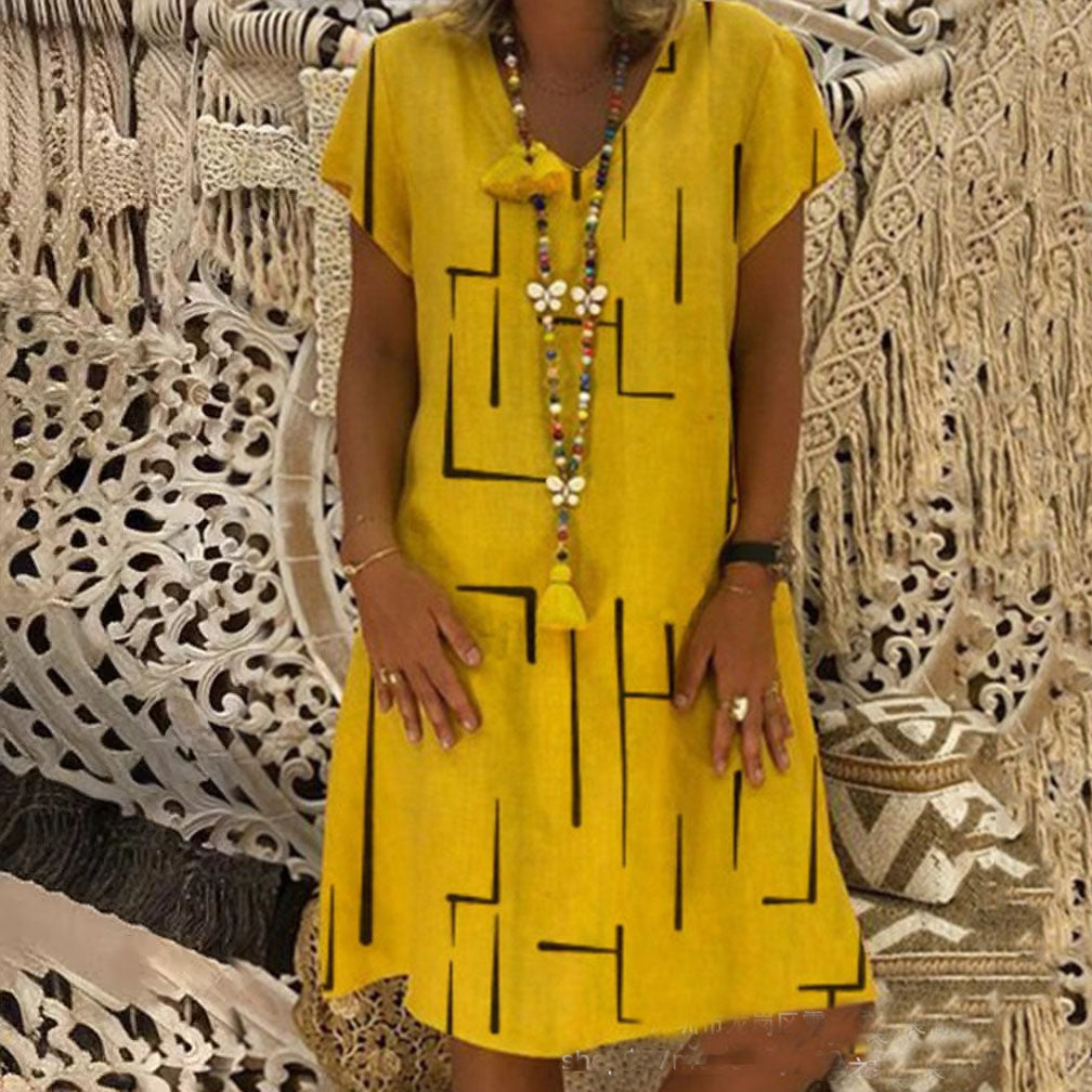 🥻🌲【S-5XL】Nowa sukienka z nadrukiem z dekoltem w serek, wykonana z bawełny i lnu: przyjazna dla skóry i miękka