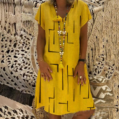 🥻🌲【S-5XL】Nowa sukienka z nadrukiem z dekoltem w serek, wykonana z bawełny i lnu: przyjazna dla skóry i miękka