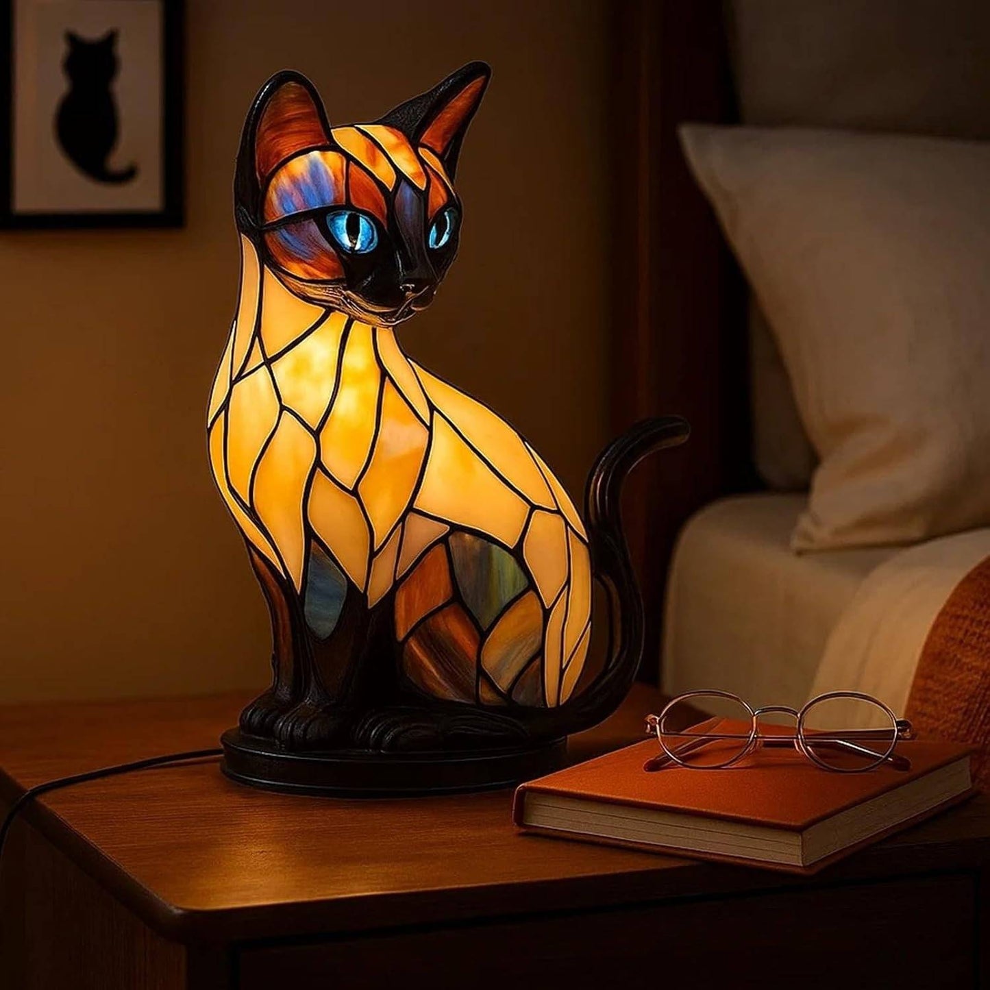 🐱Stolna lampa u obliku mačke, retro noćna lampa, izrađena od obojene smole s uzorkom mačke