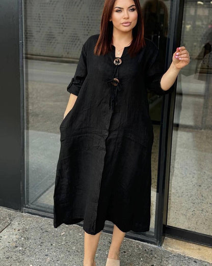 💖👗【S-5XL】2025 Lato Nowa bawełniana i lniana sukienka casualowa z dekoltem w serek