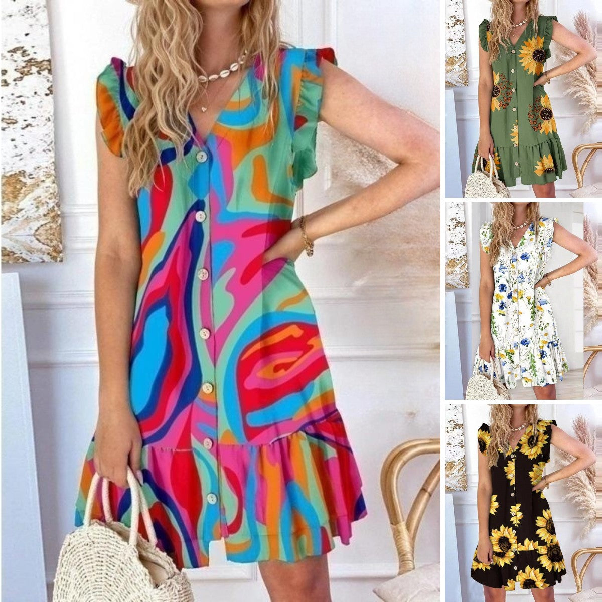 💛🧡💚【S-2XL】2025 Nowa luźna sukienka z nadrukiem z dekoltem w serek i bawełny Tencel