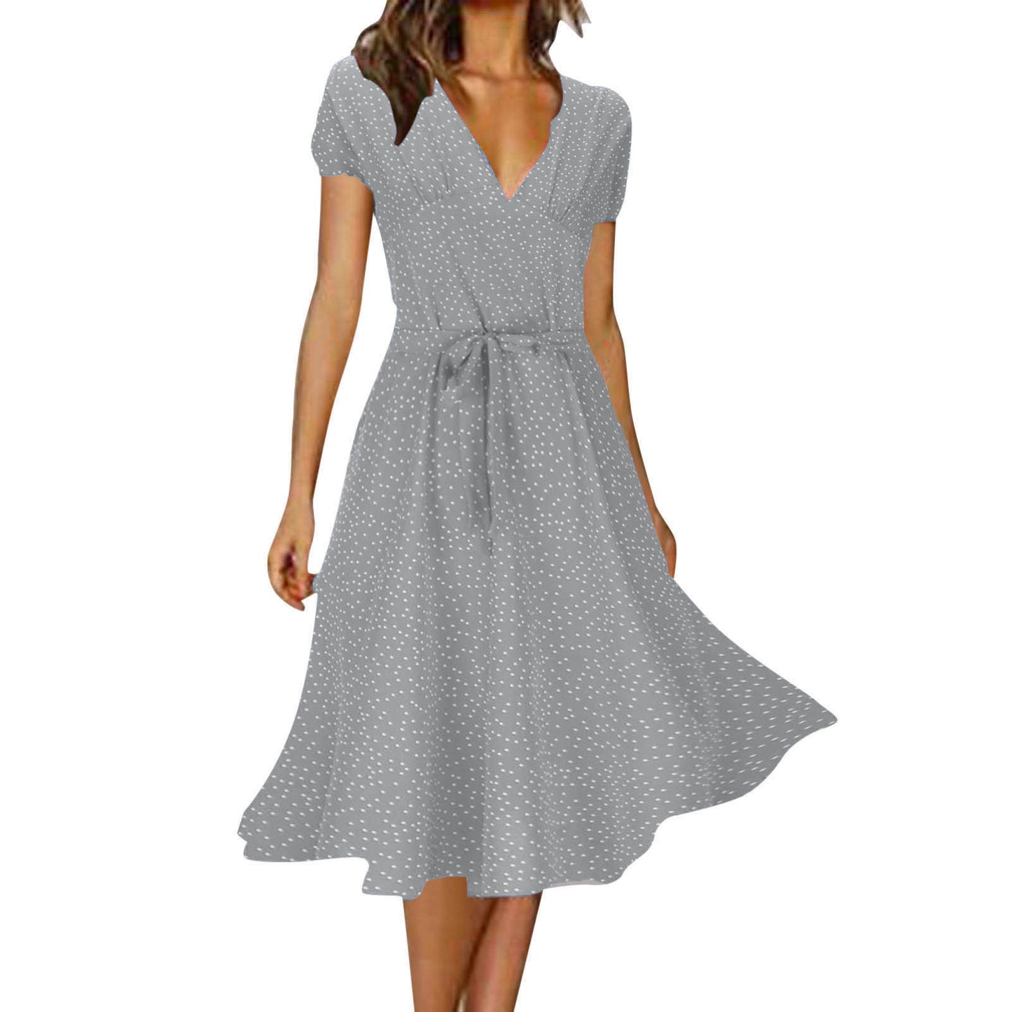 💖💃【50% zniżki 🔥】【S–3XL】Letnia damska sukienka w dużych rozmiarach z dekoltem w serek i krótkim rękawem, w kwiatowe kropki