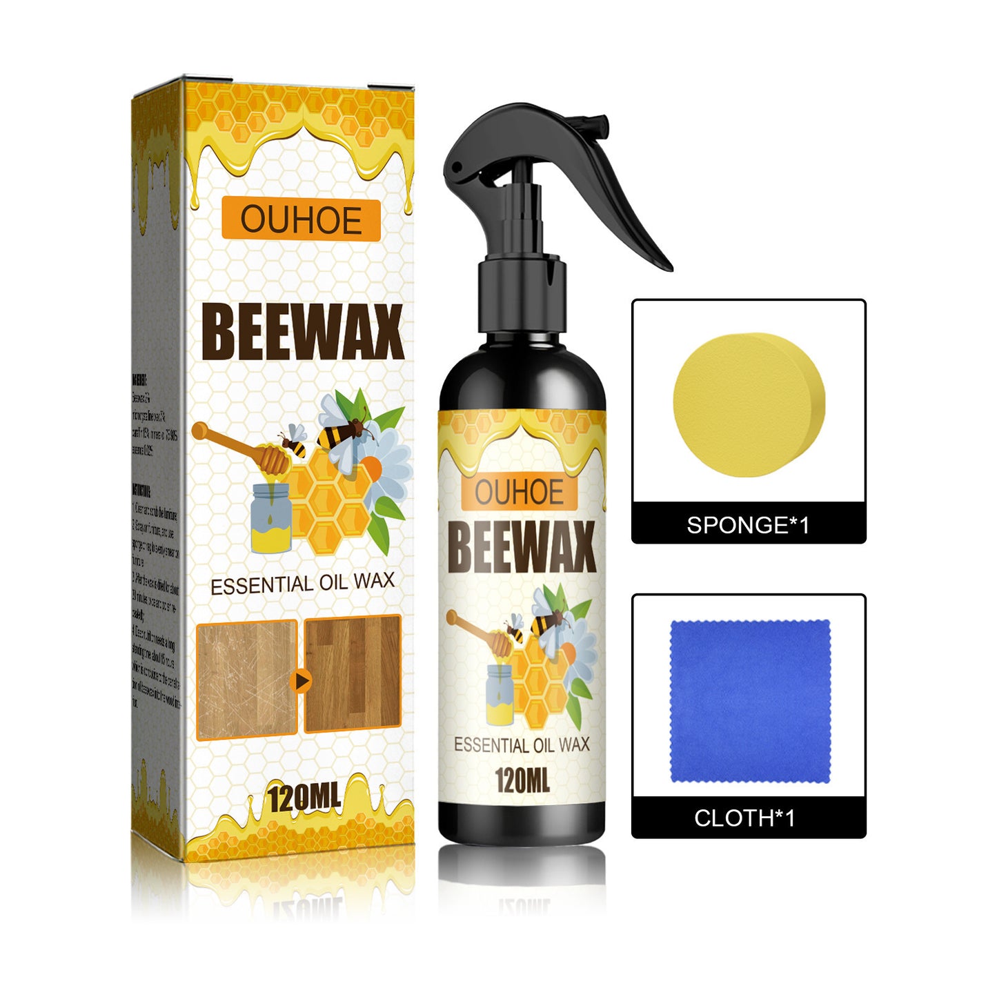 🔥【120 ml + spužva + krpa】Prirodni mikromolekularni pčelinji vosak u spreju za njegu namještaja, održavanje podova i poliranje.