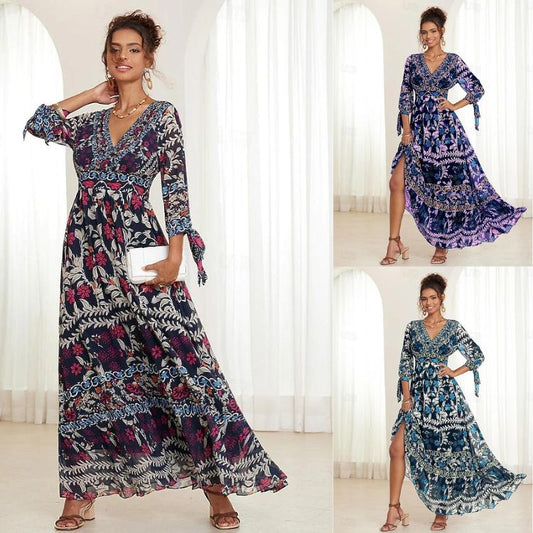 💟【S-5XL】👗Damska długa spódnica z dekoltem w serek i falbaną w kwiaty 2024 lato w nowym stylu--3697541