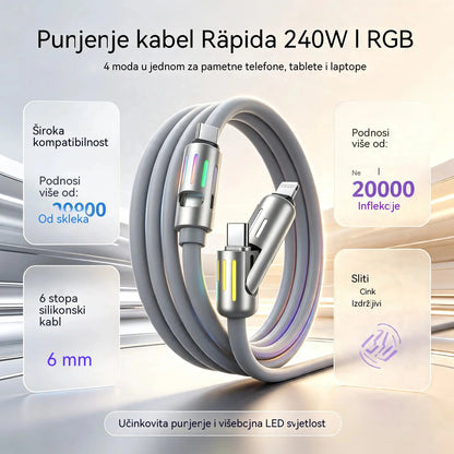 🔥 (duljine 2 metra) 4-u-1 PD 240W kabel – USB-C, Lightning i USB-A brzo punjenje, aluminij i silikon, sinkronizacija podataka ⚡📱