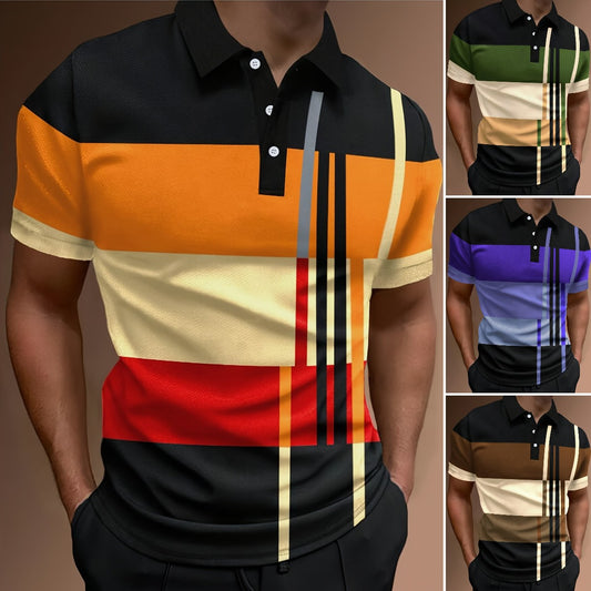 🔥【50% ZNIŻKI】👔【S-6XL】Męska koszulka POLO z nadrukiem 3D w paski i kolorowymi nadrukami--3705429