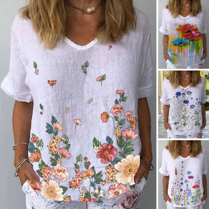 【Letnia nowość】【S-5XL】T-shirt z krótkim rękawem z bawełny i lnu z kwiatowym nadrukiem