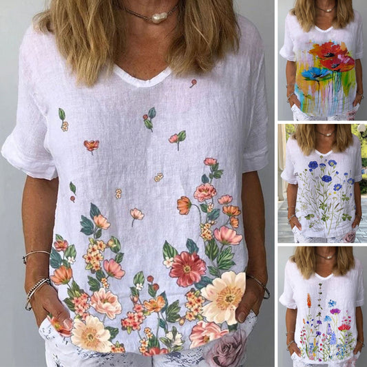【Letnia nowość】【S-5XL】T-shirt z krótkim rękawem z bawełny i lnu z kwiatowym nadrukiem