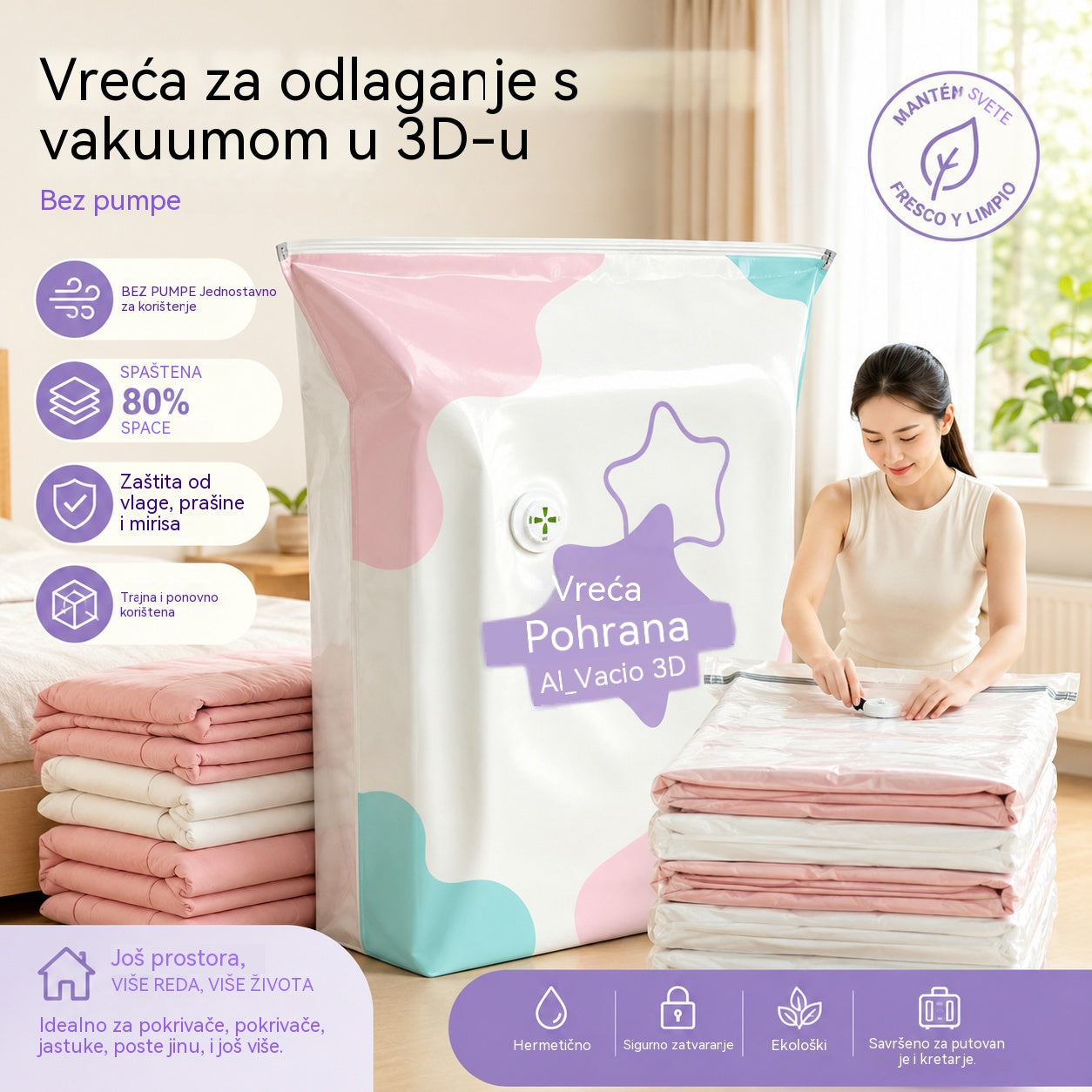🧳【Set od 5 dijelova】💨 Velika, stlačiva vakuumska vrećica za pohranu: nije potrebna pumpa, nepropusna je i idealna za uštedu prostora u koferima i kod kuće ✈️
