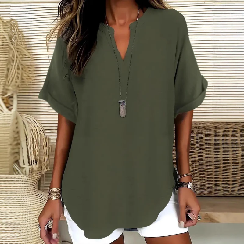 😍🔥【Nowość z 50% zniżką tylko przez 3 dni】【Rozmiary S-5XL】Elegancki jednokolorowy letni top z szyfonu z krótkim rękawem, duże rozmiary