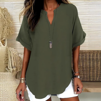 😍🔥【Nowość z 50% zniżką tylko przez 3 dni】【Rozmiary S-5XL】Elegancki jednokolorowy letni top z szyfonu z krótkim rękawem, duże rozmiary