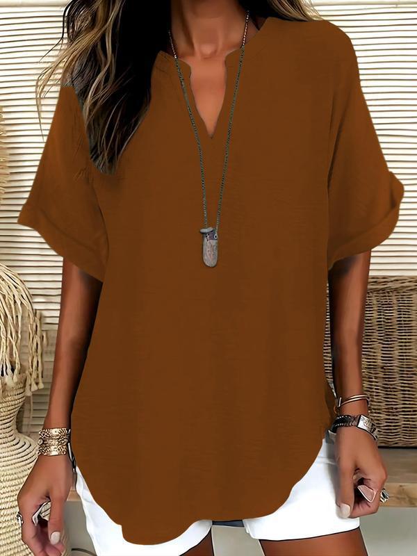 😍🔥【Nowość z 50% zniżką tylko przez 3 dni】【Rozmiary S-5XL】Elegancki jednokolorowy letni top z szyfonu z krótkim rękawem, duże rozmiary
